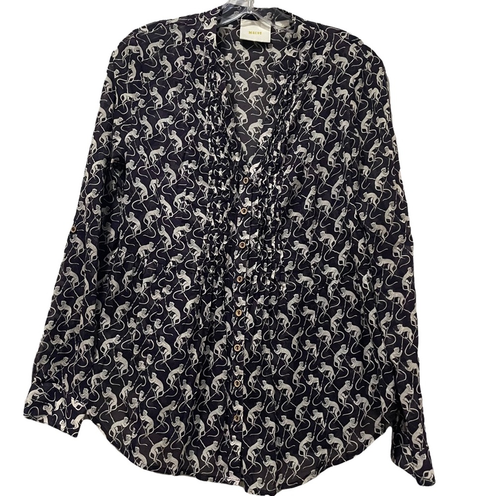 Maeve Size 6 Anthropologie Monkey Print Deep Purple Navy Button Down Blouse R